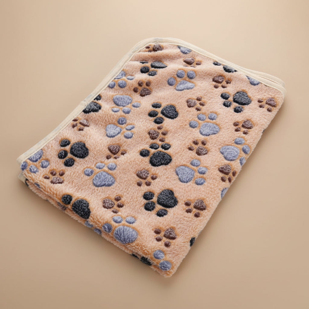Fluffy blanket with paw print pattern on a soft surface