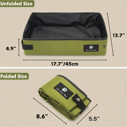 Green travel litter box with dimensions displayed on a beige background