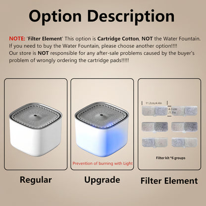 Product description card with two product images labeled 'Regular' and 'Upgrade', and a diagram of filter elements.