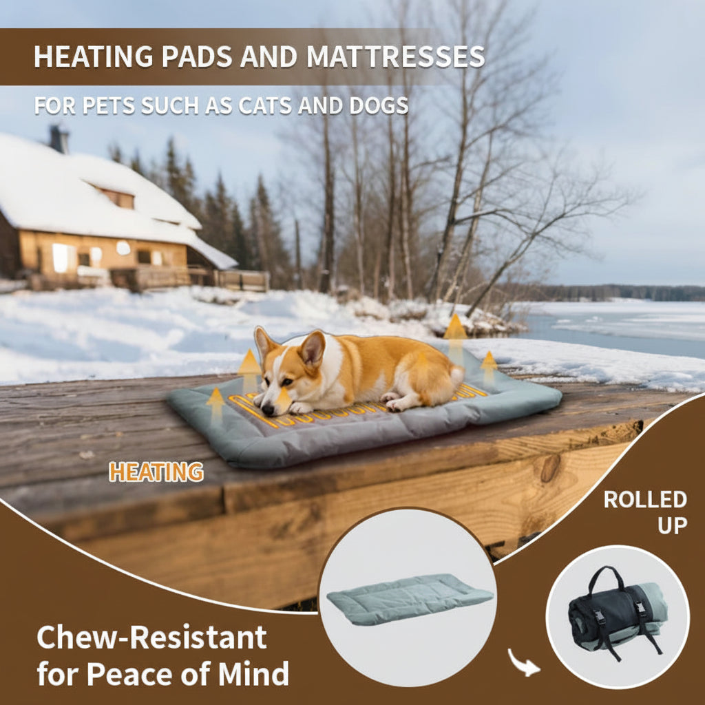 Dog lying on a heating pad in a snowy landscape with promotional text about heating pads and mattresses for pets.