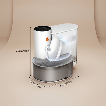 White and gray electronic device with dimensions indicated on a beige background