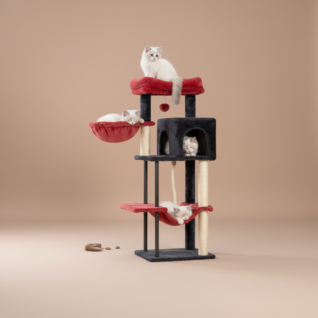 A multi-level cat tree with red plush platforms and hammocks, black cat beds, sisal scratching posts, and several white cats lounging and playing on it, isolated on a beige background.