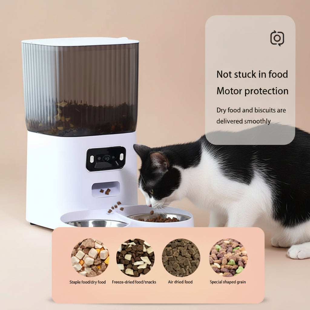Pet food dispenser with a cat eating and text about motor protection and food types.