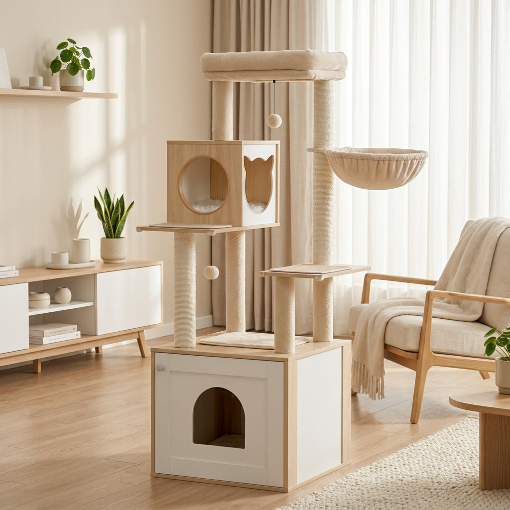 A tall multi-level cat tree and playhouse with sisal-wrapped posts, a top platform, hanging hammock, cubby, scratching posts, and a lower enclosed box with a cat door in a living room setting.