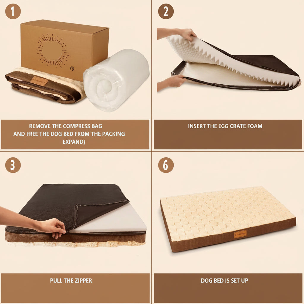 Step-by-step guide on how to set up a dog bed with compress bag, foam, and zipper.