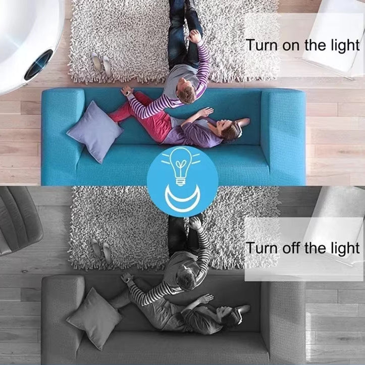 Two people lying on a blue couch with text instructions to turn on and off a light, and a remote control icon.