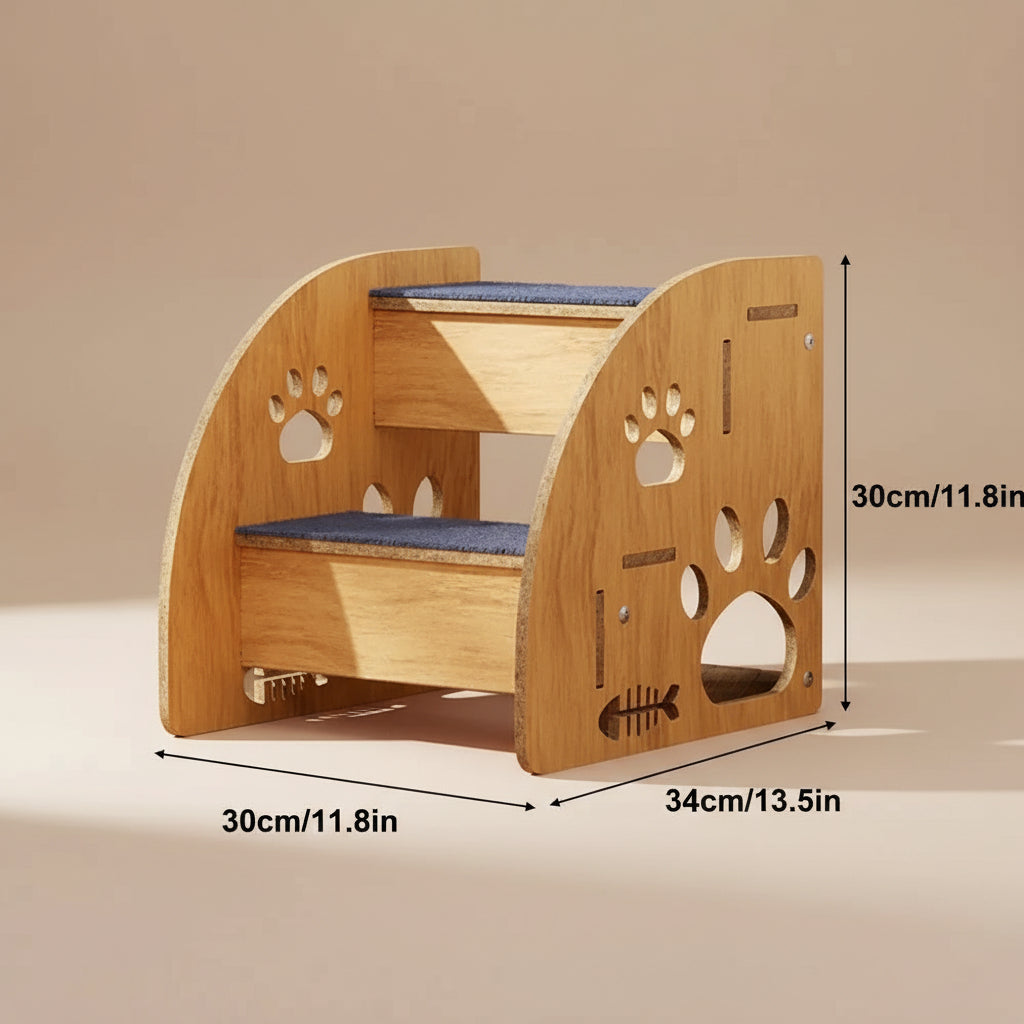 Wooden pet bed with paw prints and measurements on a white background