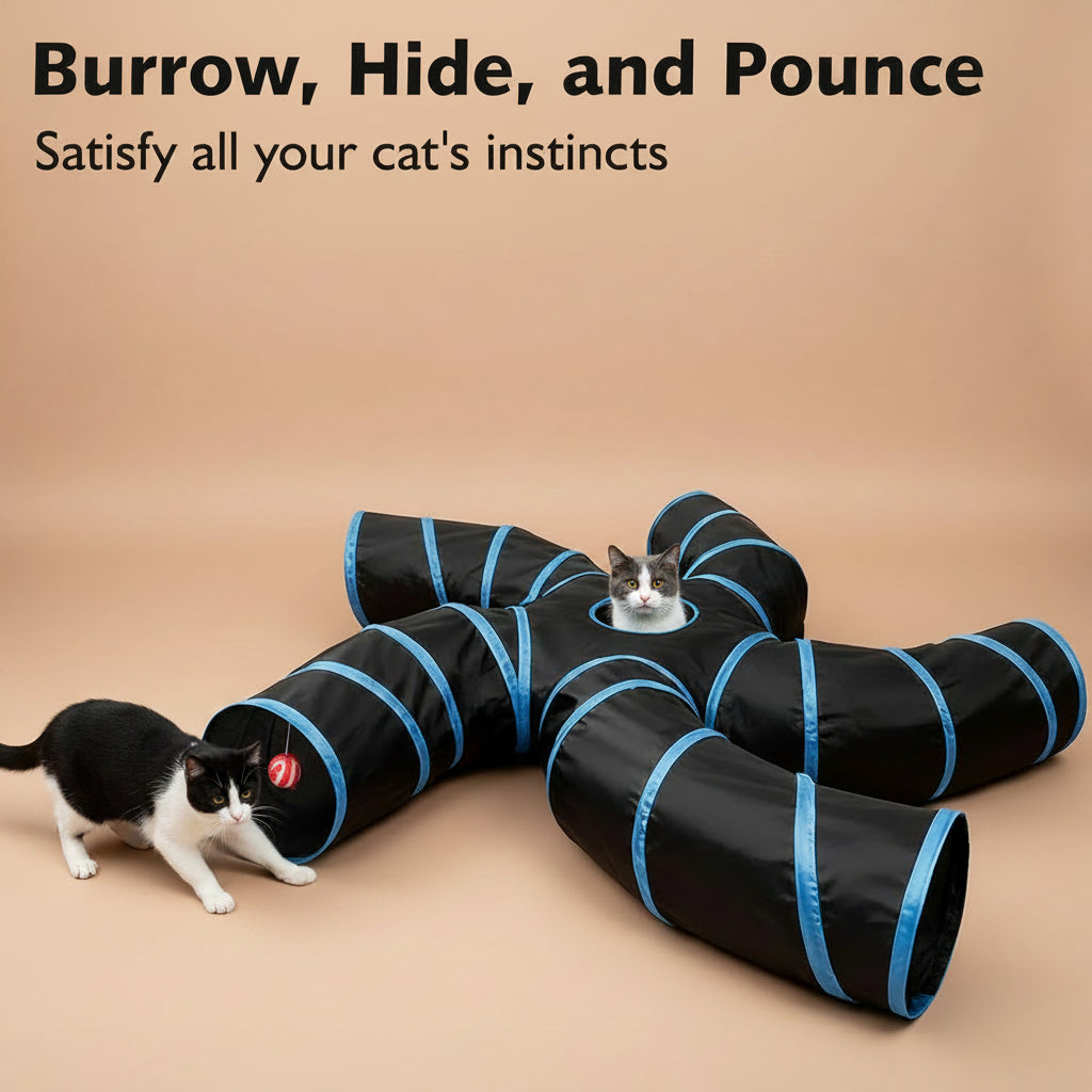 Cat play tunnel with cats on a beige background.
