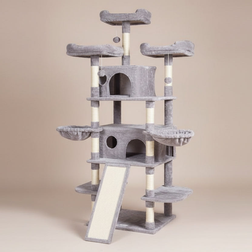 Light gray cat tree with multiple levels.