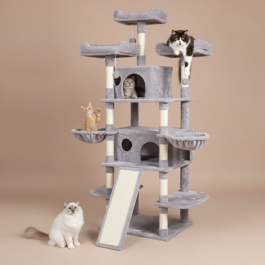 Cat tree with multiple levels and a cat sitting on top, surrounded by other cats.