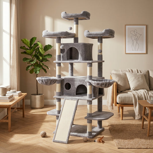 A multi-level gray cat tree with sisal-wrapped posts, platforms, a small enclosed house, hammocks, and a ramp, photographed in a living room setting