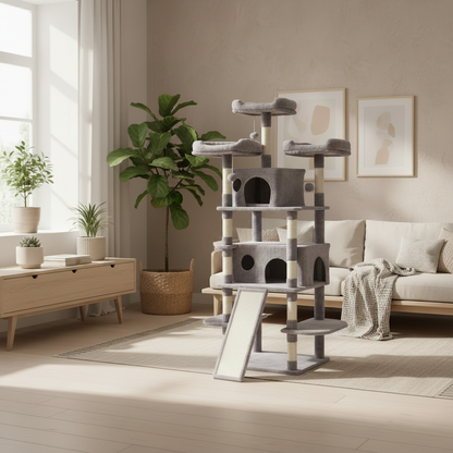 Cat tree with multiple levels in a living room setting.
