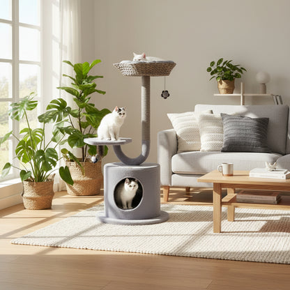 Gray cat tree with multiple cats in a living room setting