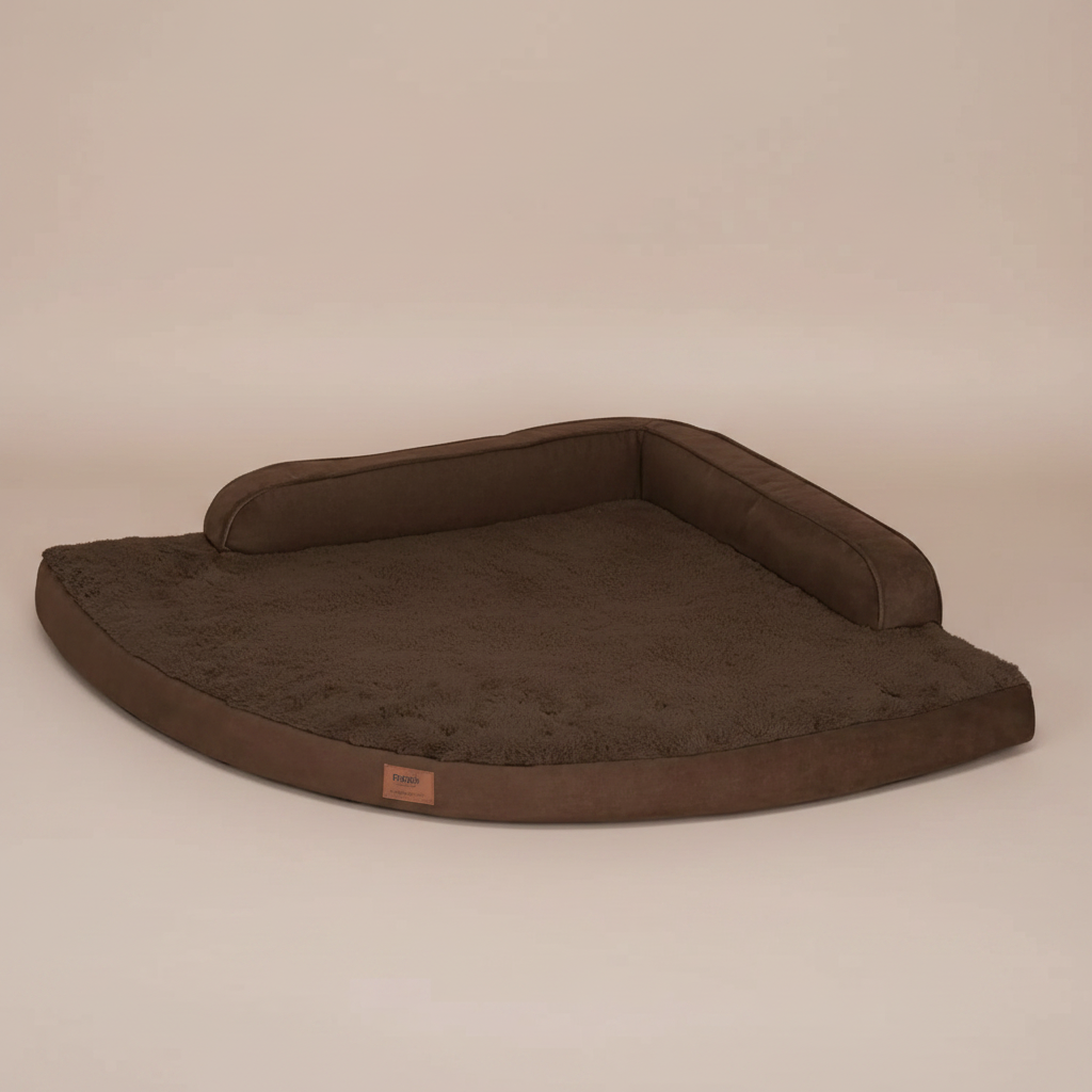 Image of a brown pet bed with a beige background.