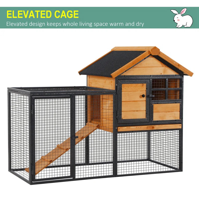 Wood-Metal Pet House Elevated Rabbit Hutch Bunny Cage Small Animal Habitat with Slide-Out Tray Lockable Door Water-Resistant Asphalt Roof for Outdoor 48" X 24.75" X 36.25" Light Yellow