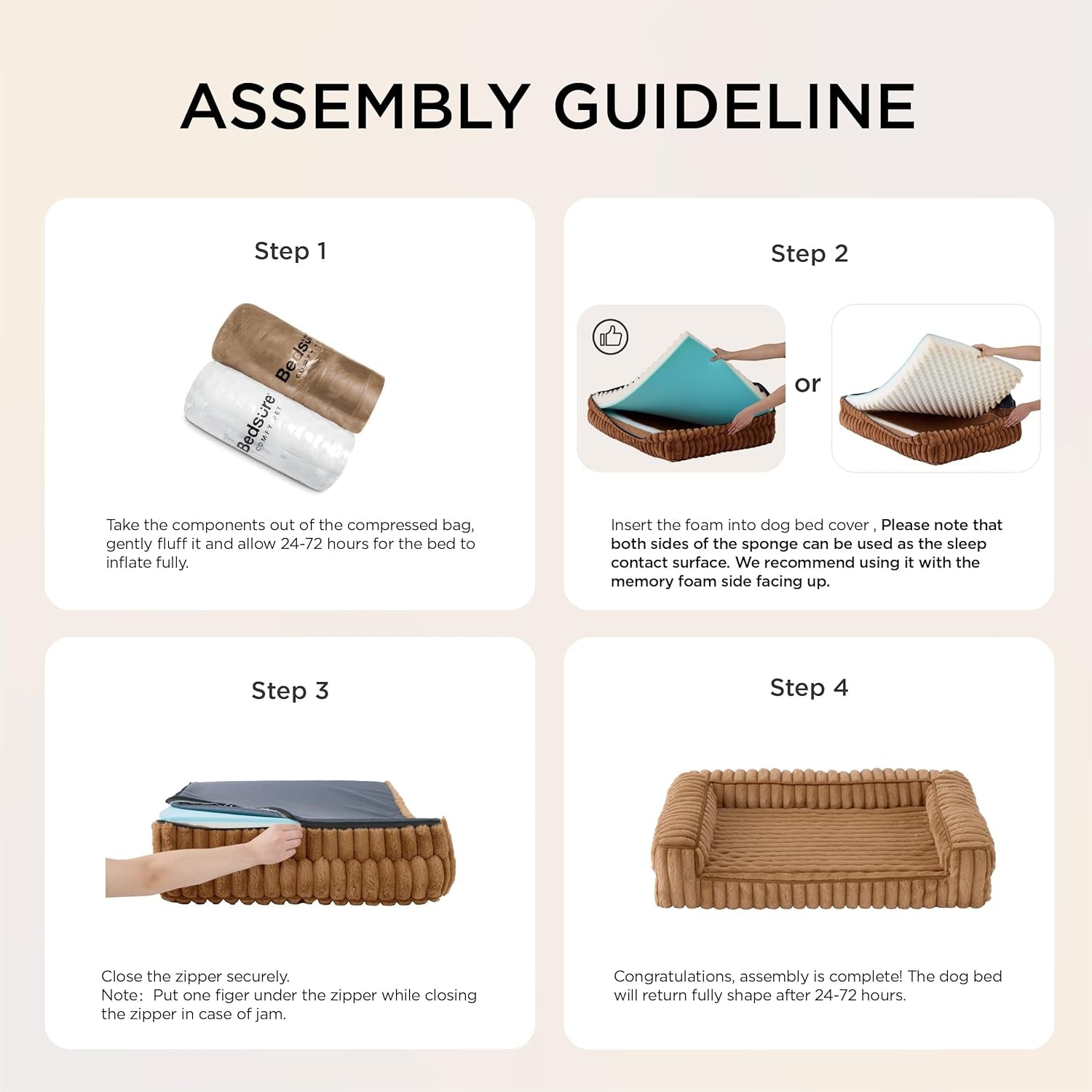 Step-by-step assembly guideline for a dog bed with text instructions.