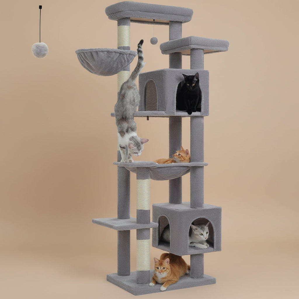 Gray cat tree with multiple cats on a beige background