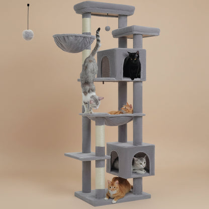 Gray cat tree with multiple cats on a beige background