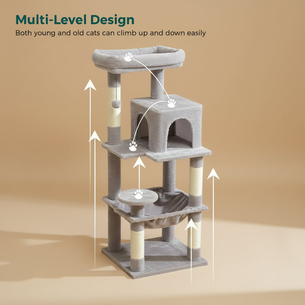 Cat Tree for Indoor Cats, 5-Level Cat Tower for Large Cats with Metal Frame Large Hammock Cat Condo with Big Top Perch