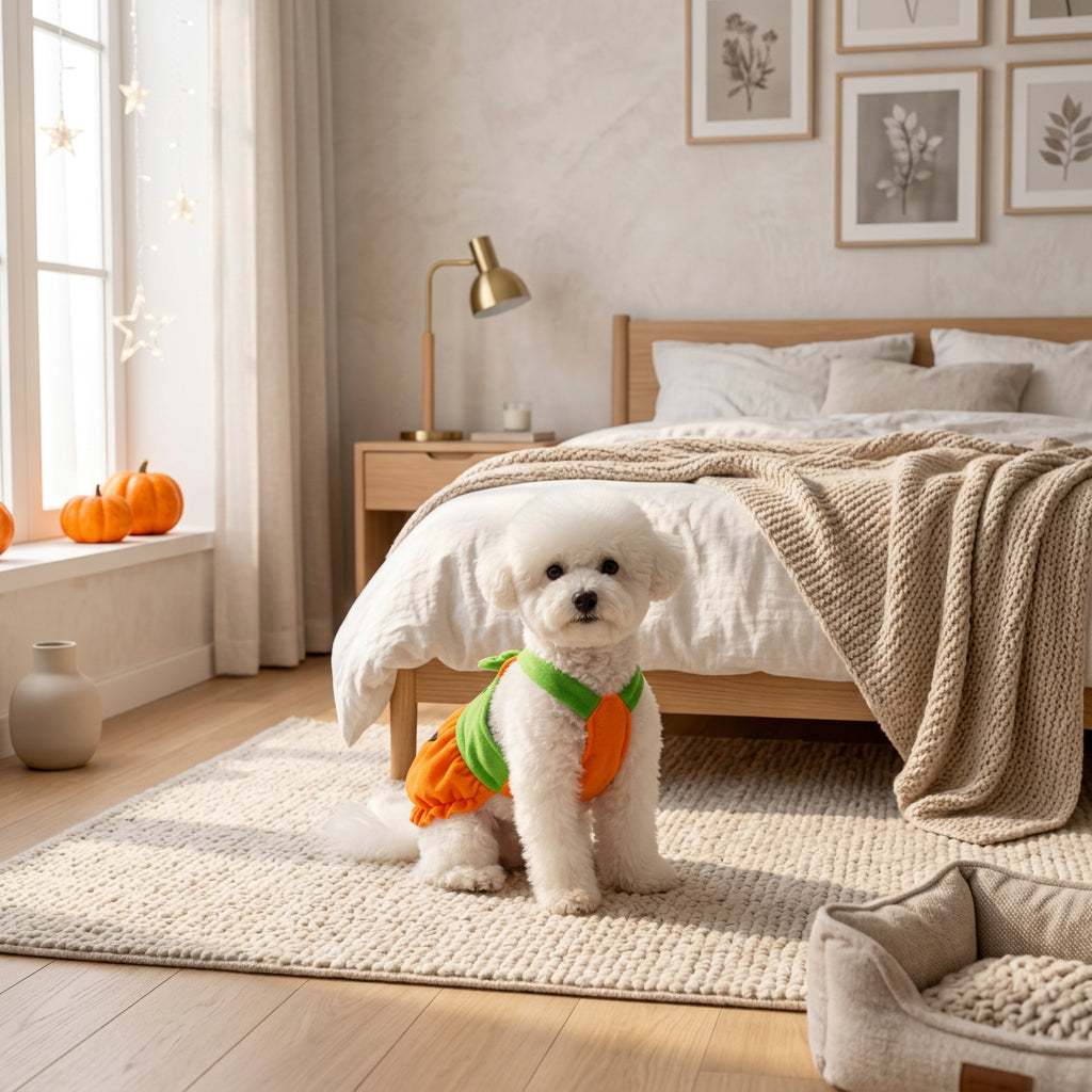 A small white dog wearing an orange and green pumpkin costume sits on a beige carpet in a warmly lit room with pumpkins and string lights in the background.