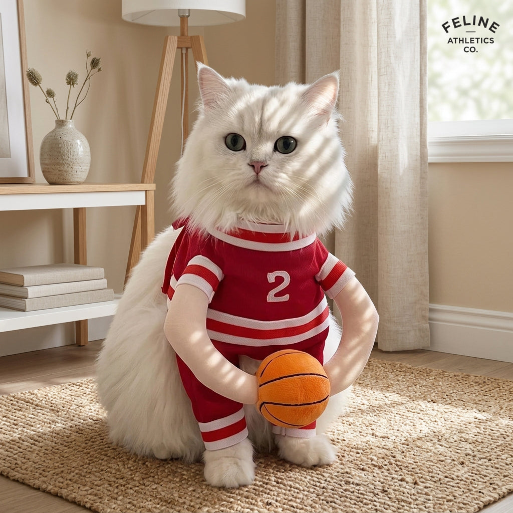 A fluffy white cat wearing a red and white basketball-themed pet outfit with the number 2, holding a small orange basketball, sitting on a woven rug in an indoor room.