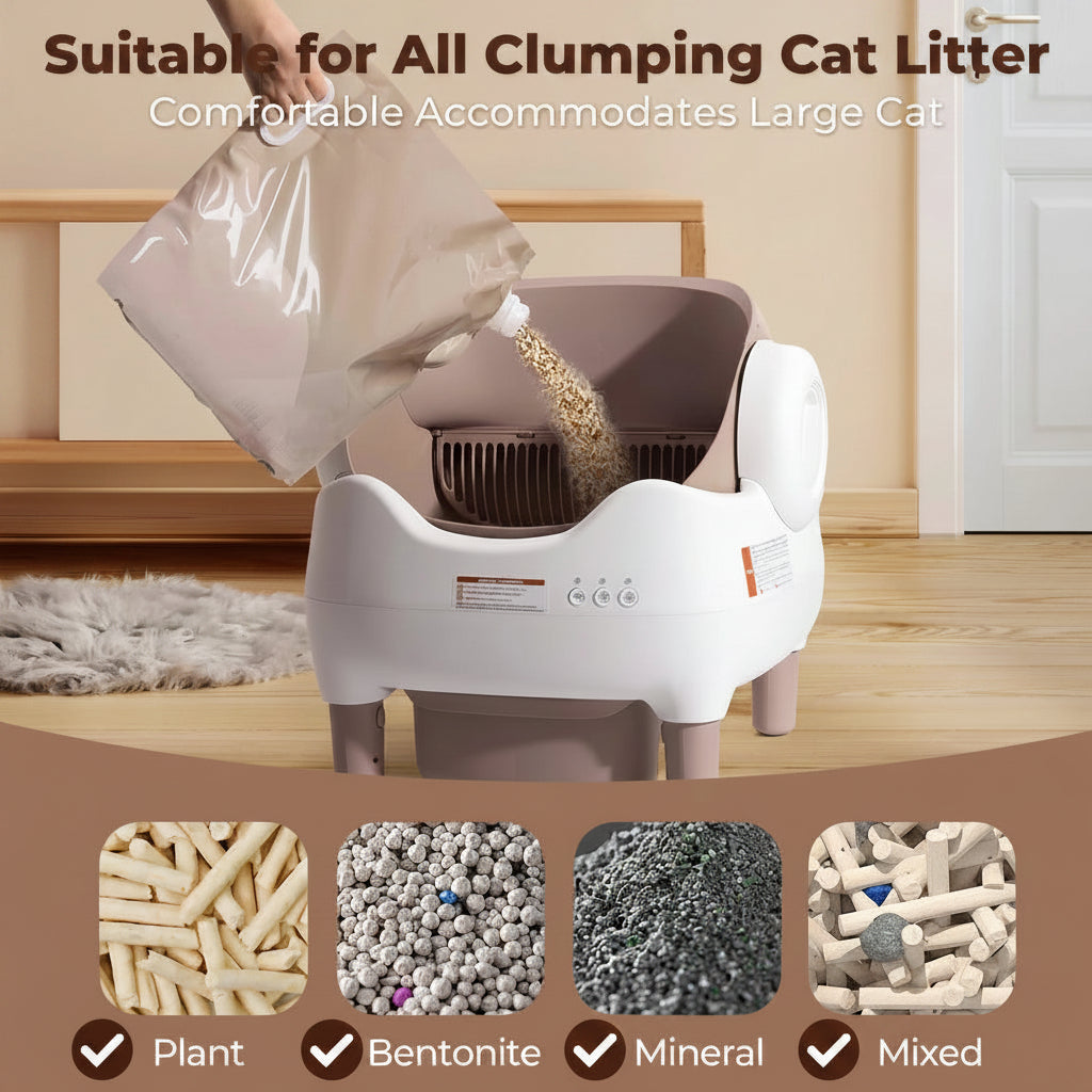 Cat litter disposal system with text indicating suitability for various types of cat litter.