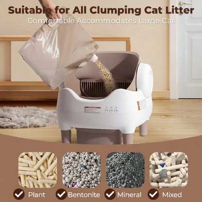 Cat litter disposal system with text indicating suitability for various types of cat litter.
