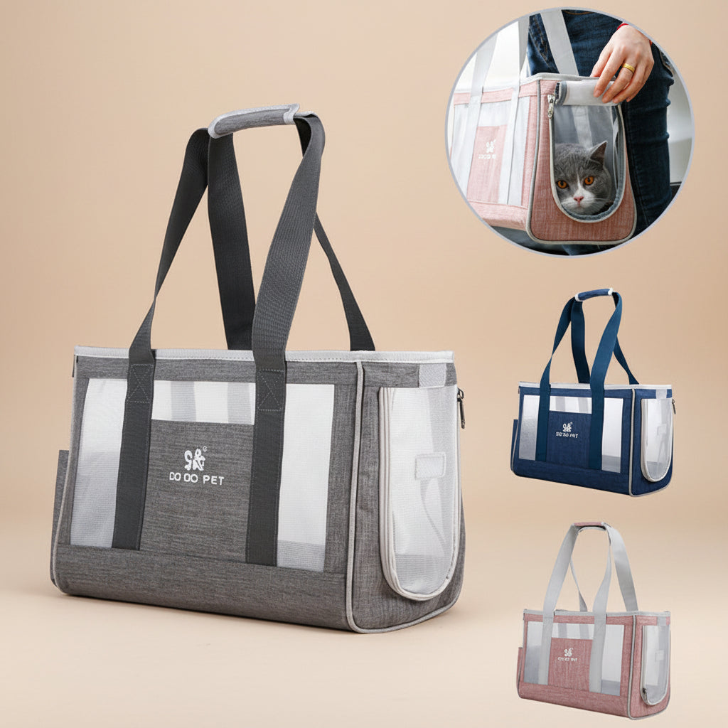 Pet carrier with transparent sides, multiple color options, and a hand holding one version.