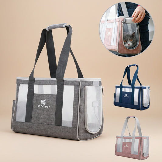 Pet carrier with transparent sides, multiple color options, and a hand holding one version.