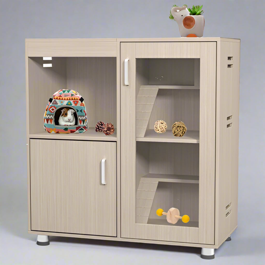 Beige pet playpen with various toys on a white background