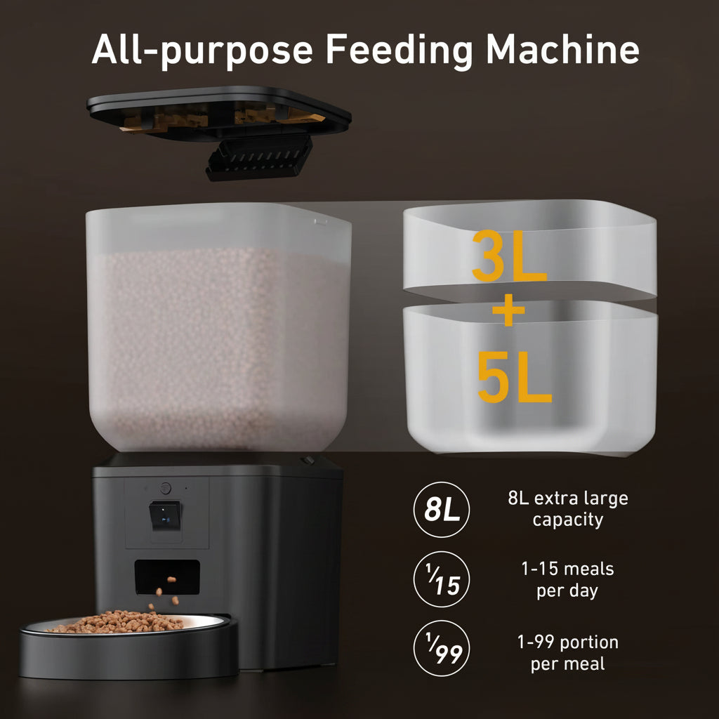 All-purpose feeding machine with capacity indicators on a dark background