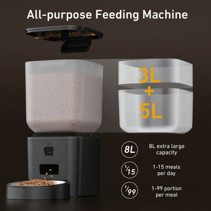 All-purpose feeding machine with capacity indicators on a dark background