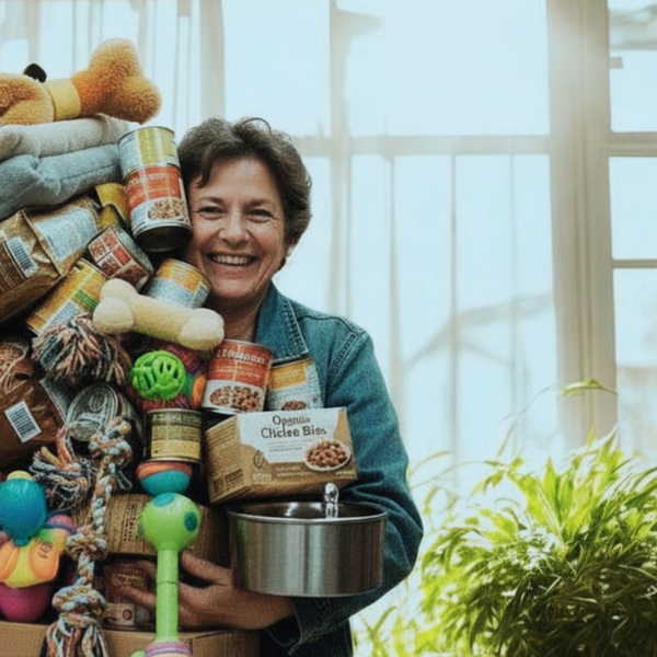 Person holding large pile of pet supplies in a home setting.