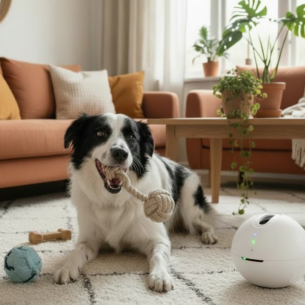 Dog playing with a toy in a living room with a couch and plants.