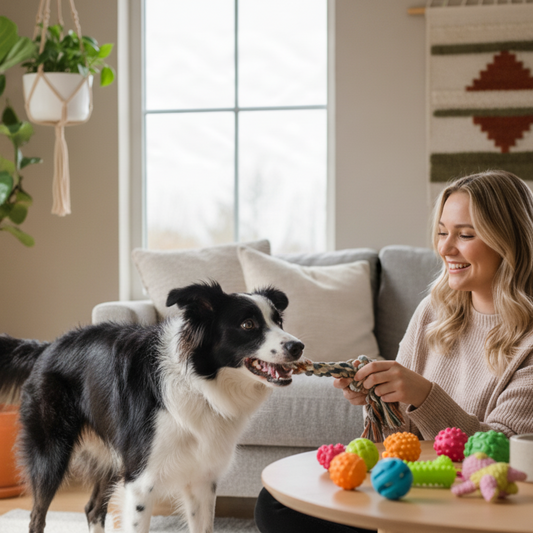 Woman playing with a dog in a living room.