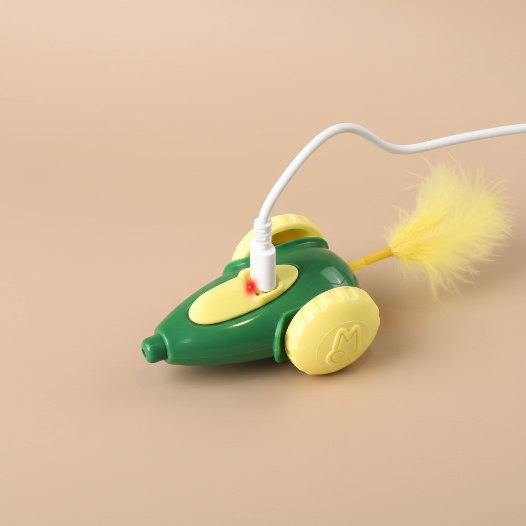 Toy mouse-like with green body and yellow wheels on a beige background