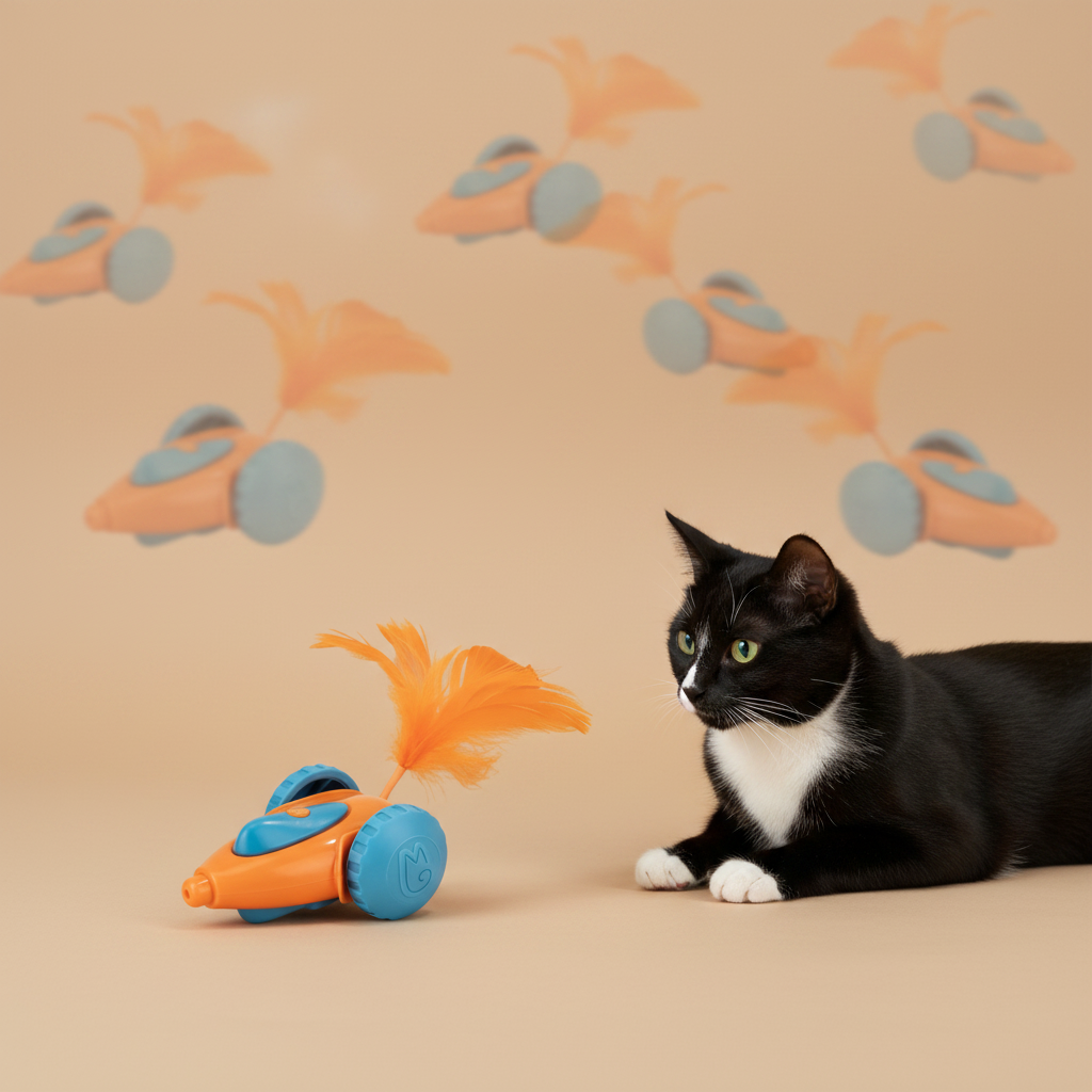 Cat toy with orange feathers and blue base on a white background, with a cat peeking from above.