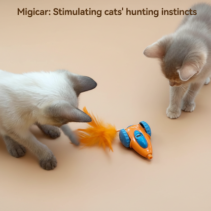 Two cats playing with a toy designed to stimulate hunting instincts on a wooden floor.
