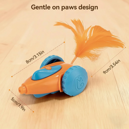 Cat toy with feather attachment and measurements on a wooden surface