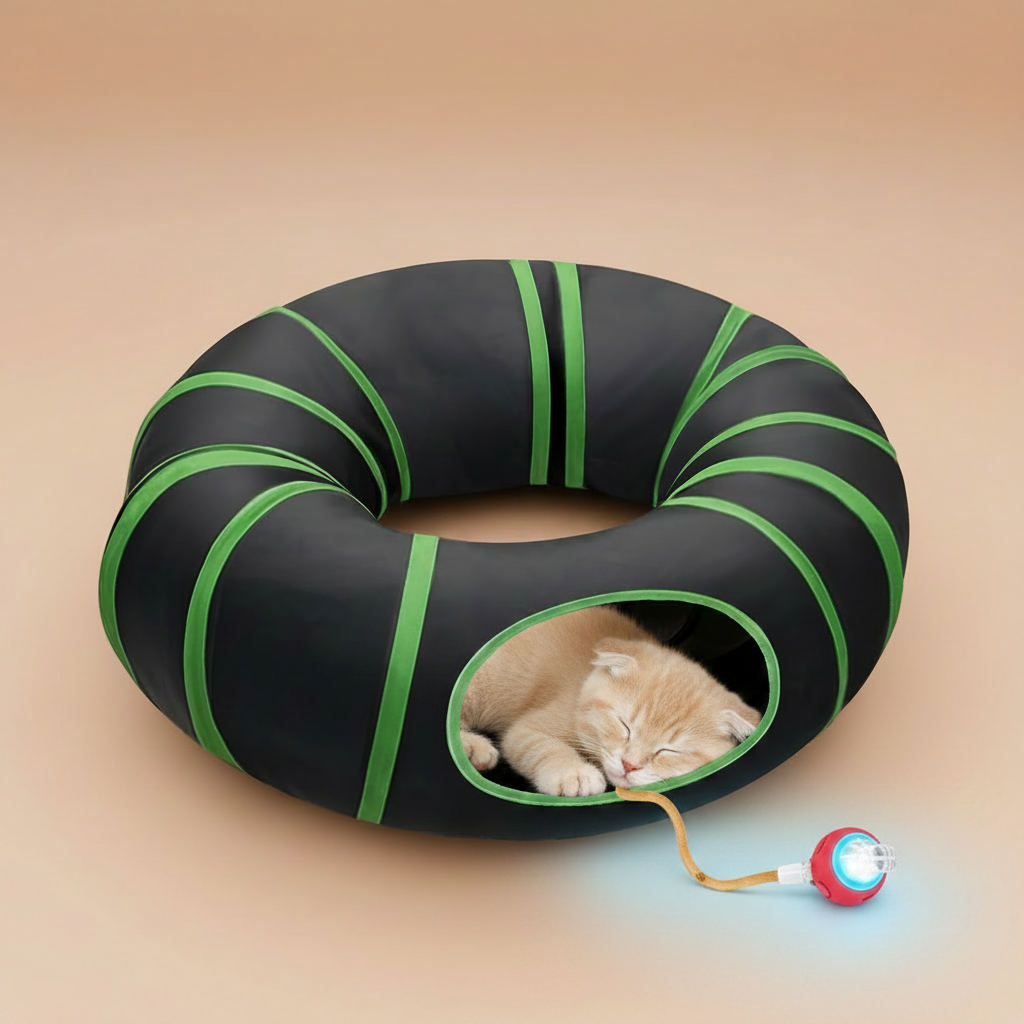 Black and green inflatable tube toy with a cat and ball toy on a beige background
