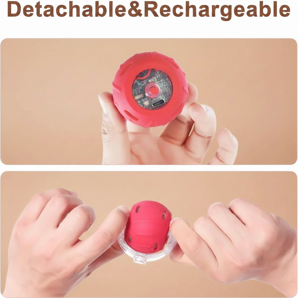 Red handheld device with detachable and rechargeable feature, held by a hand.