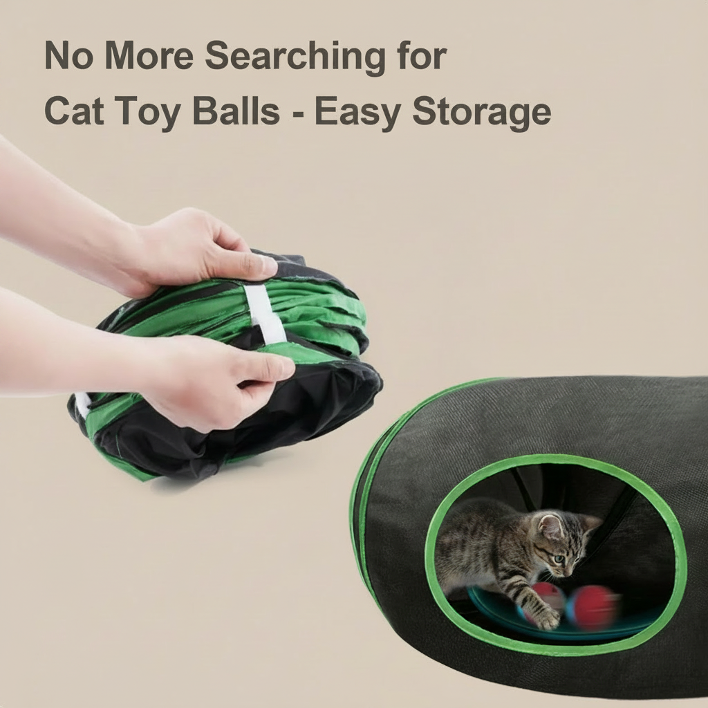 Cat toy ball storage solution with a cat inside a tunnel-like structure.