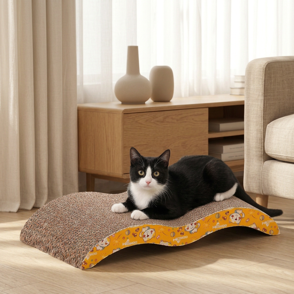 Tuxedo cat sitting on a side-patterned cat scratcher with a living room setting in the background