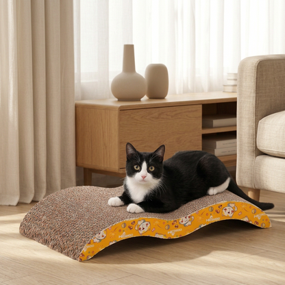 Tuxedo cat sitting on a side-patterned cat scratcher with a living room setting in the background