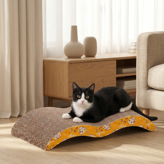 Tuxedo cat sitting on a side-patterned cat scratcher with a living room setting in the background