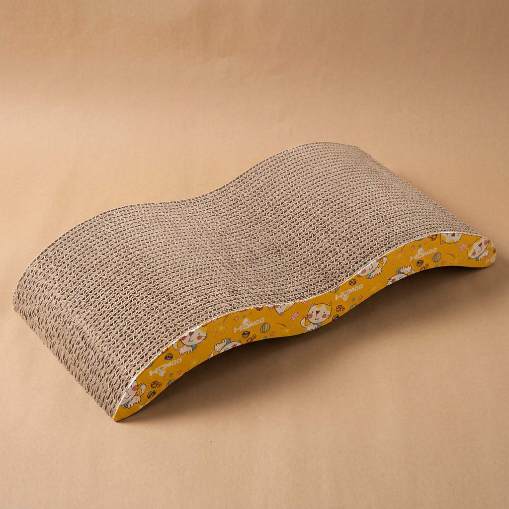 Curved cat scratcher with yellow border featuring cat prints on a beige
 surface.