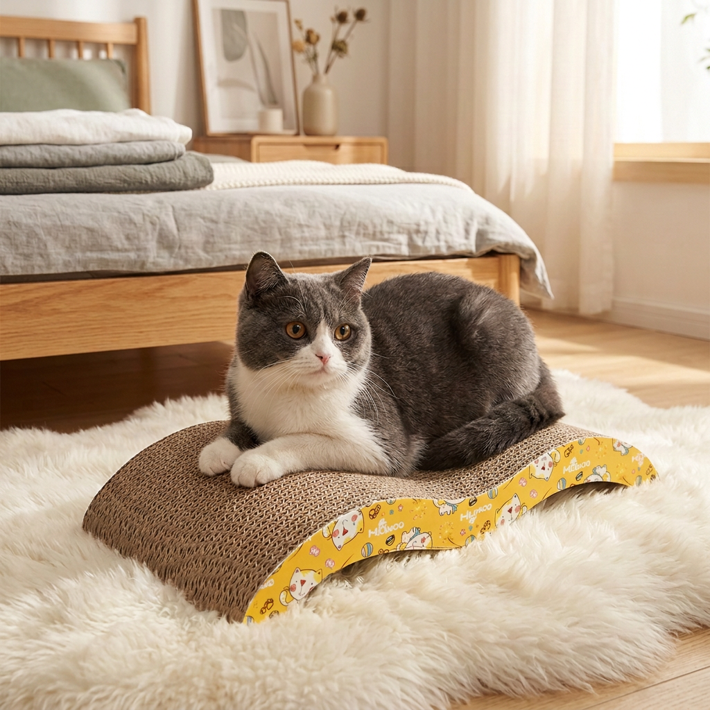 Gray and white cat sitting on a brown cat scratcher with a yellow edge on a rug in a bedroom