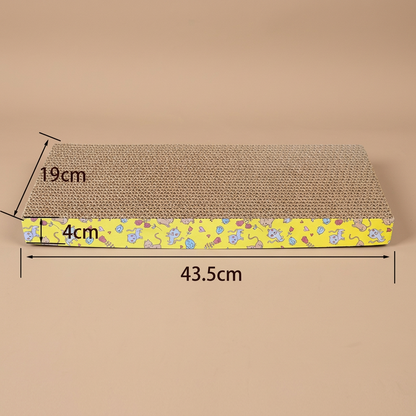 Cat scratcher with dimensions on a beige background