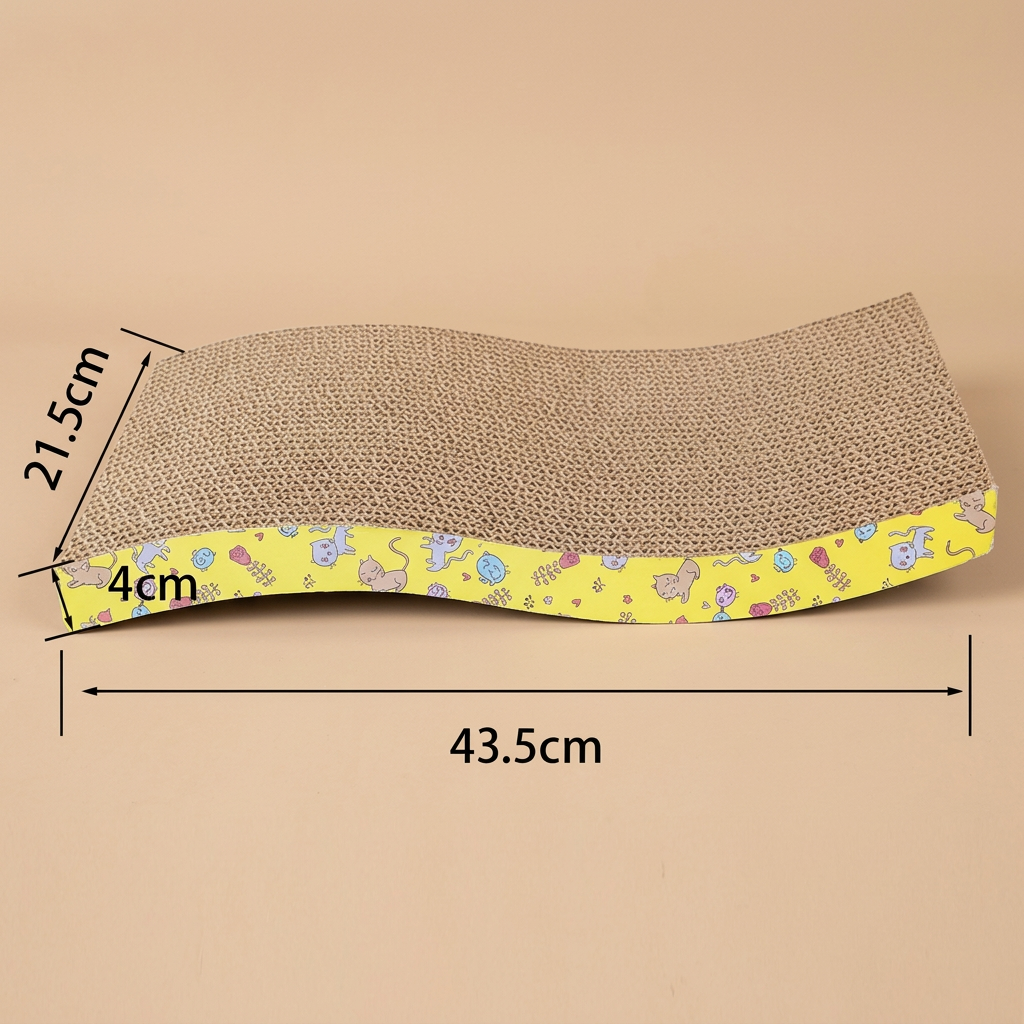 A cardboard cat scratcher with dimensions labeled