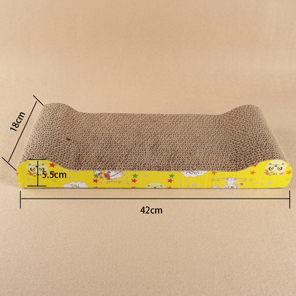 Cat scratcher with dimensions on a beige background